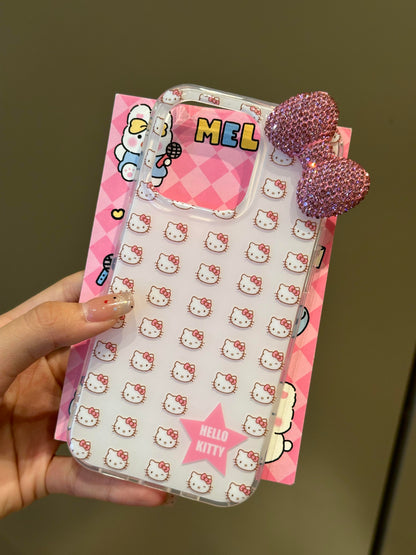 Coque de téléphone mignonne et kawaii avec nœud papillon en strass 3D blanc et chaton