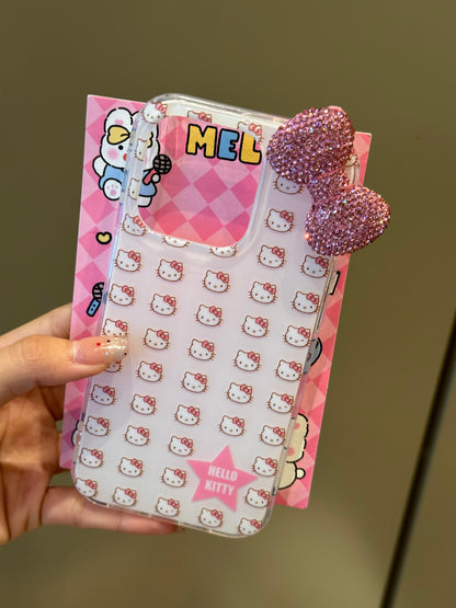 Coque de téléphone mignonne et kawaii avec nœud papillon en strass 3D blanc et chaton
