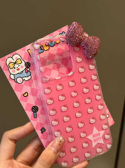 Coque de téléphone mignonne et kawaii avec nœud papillon en strass 3D rose chaton