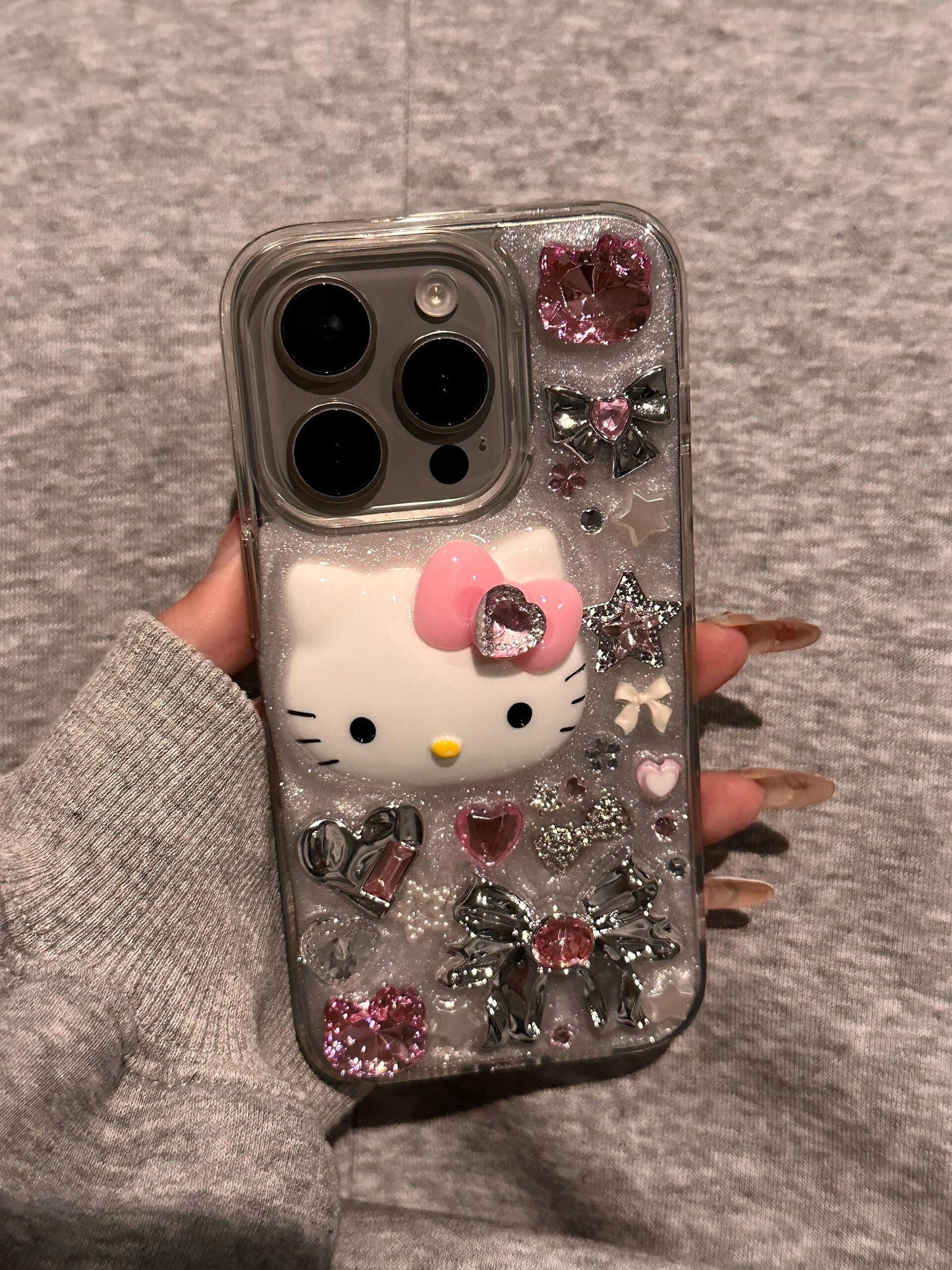 Coque de téléphone transparente mignonne kawaii avec strass et chatons faits main