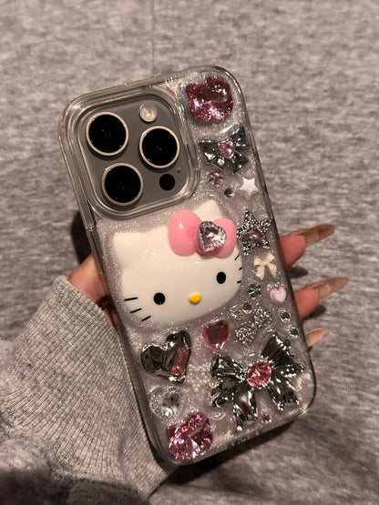 Coque de téléphone transparente mignonne kawaii avec strass et chatons faits main