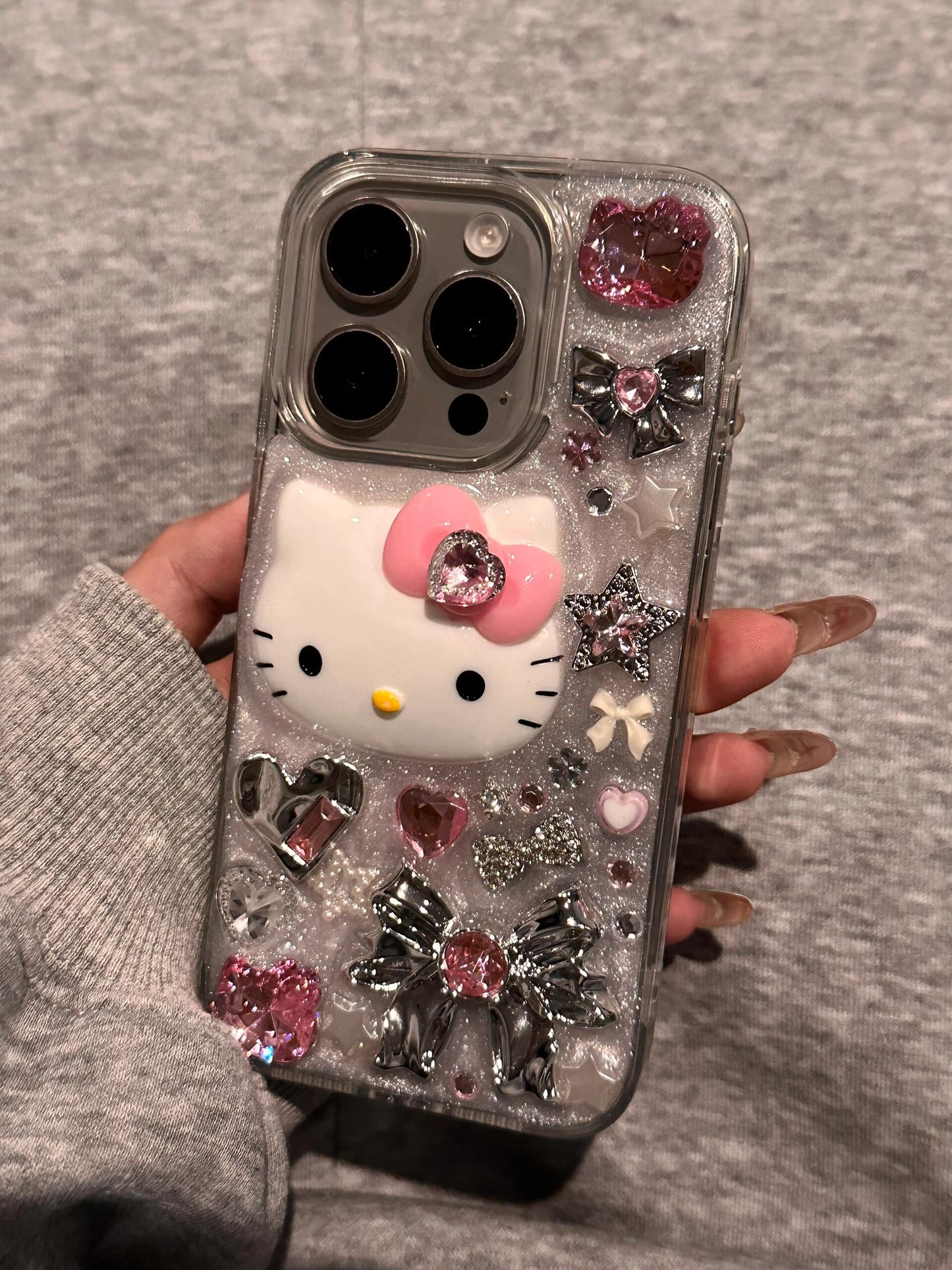 Coque de téléphone transparente mignonne kawaii avec strass et chatons faits main