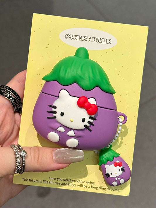 Kitty Purple Eggplant Shape Silicone Cute Kawaii AirPods Case