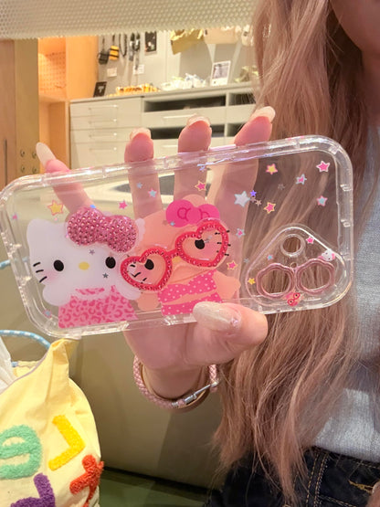 Lunettes roses en forme de cœur Kitty Bestie, coque de téléphone mignonne et kawaii
