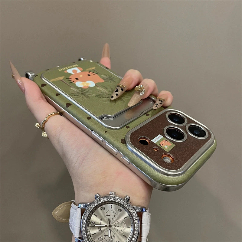 Kitty Under Coconut Tree Cartoon With Velvet Charm Lanyard Phone Case for iPhone 17 Air 16 15 14Pro Max Plus