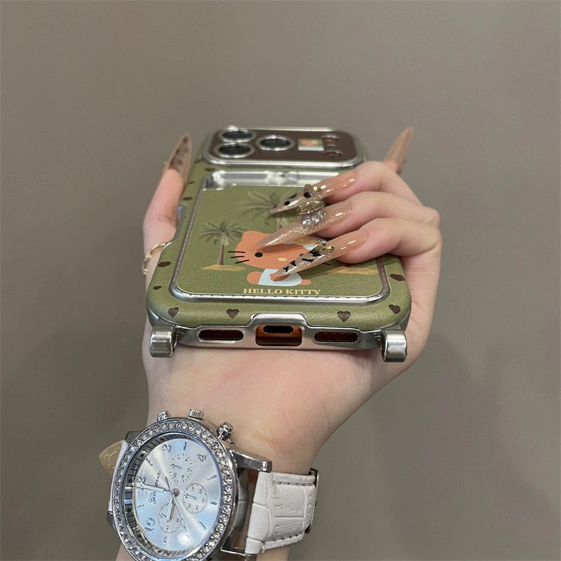 Kitty Under Coconut Tree Cartoon With Velvet Charm Lanyard Phone Case for iPhone 17 Air 16 15 14Pro Max Plus