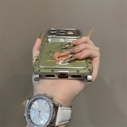 Kitty Under Coconut Tree Cartoon With Velvet Charm Lanyard Phone Case for iPhone 17 Air 16 15 14Pro Max Plus