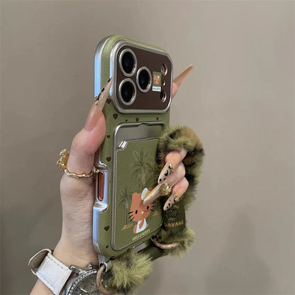 Kitty Under Coconut Tree Cartoon With Velvet Charm Lanyard Phone Case for iPhone 17 Air 16 15 14Pro Max Plus