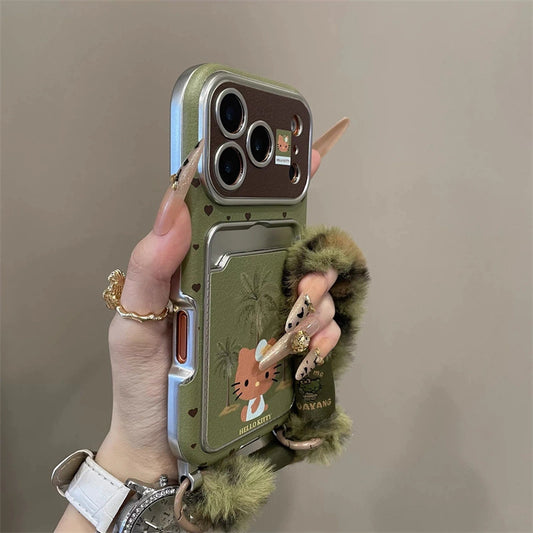 Kitty Under Coconut Tree Cartoon With Velvet Charm Lanyard Phone Case for iPhone 17 Air 16 15 14Pro Max Plus