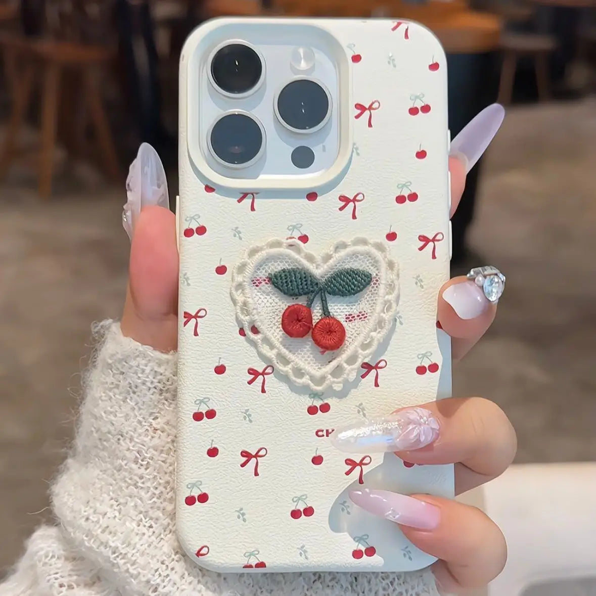 Lovely Embroidered Heart Phone Case For iPhone Bowknot Cherry Back Cover