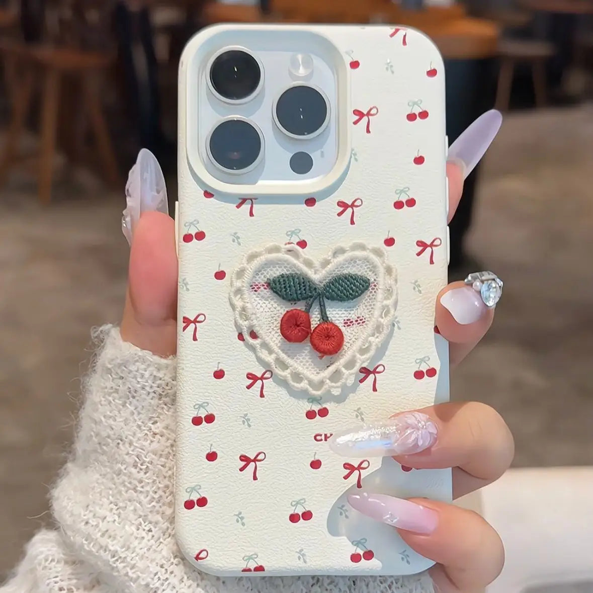 Lovely Embroidered Heart Phone Case For iPhone Bowknot Cherry Back Cover