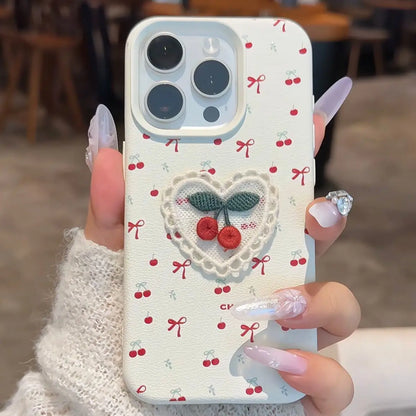 Lovely Embroidered Heart Phone Case For iPhone Bowknot Cherry Back Cover