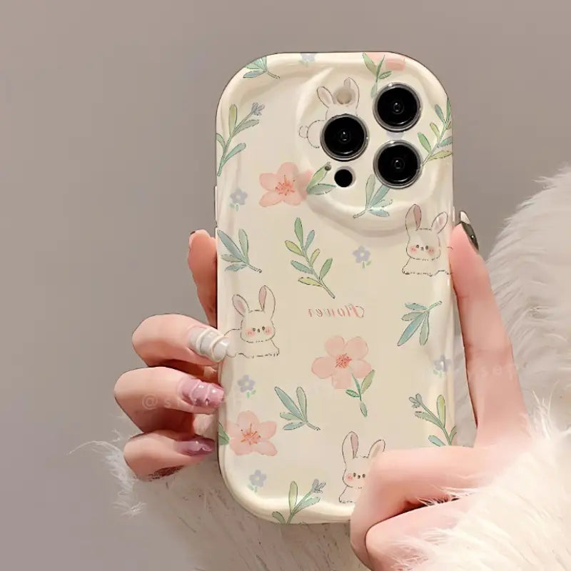Lovely Rabbit Flower Cherry Phone Case For iPhone Cream Back Cover