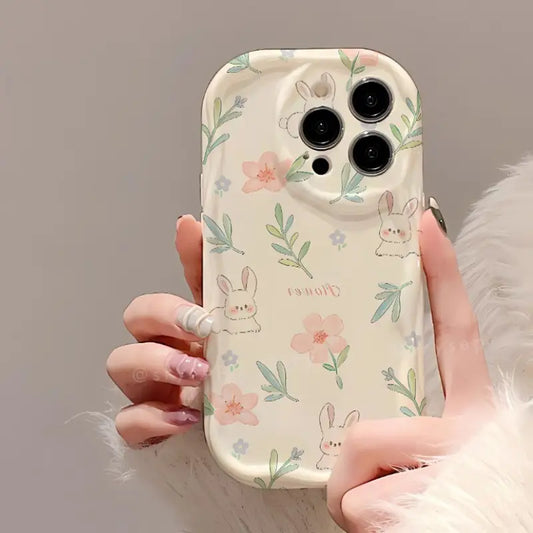 Lovely Rabbit Flower Cherry Phone Case For iPhone Cream Back Cover