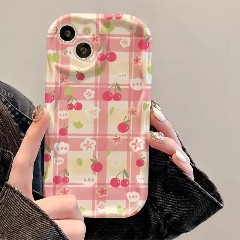 Lovely Rabbit Flower Cherry Phone Case For iPhone Cream Back Cover
