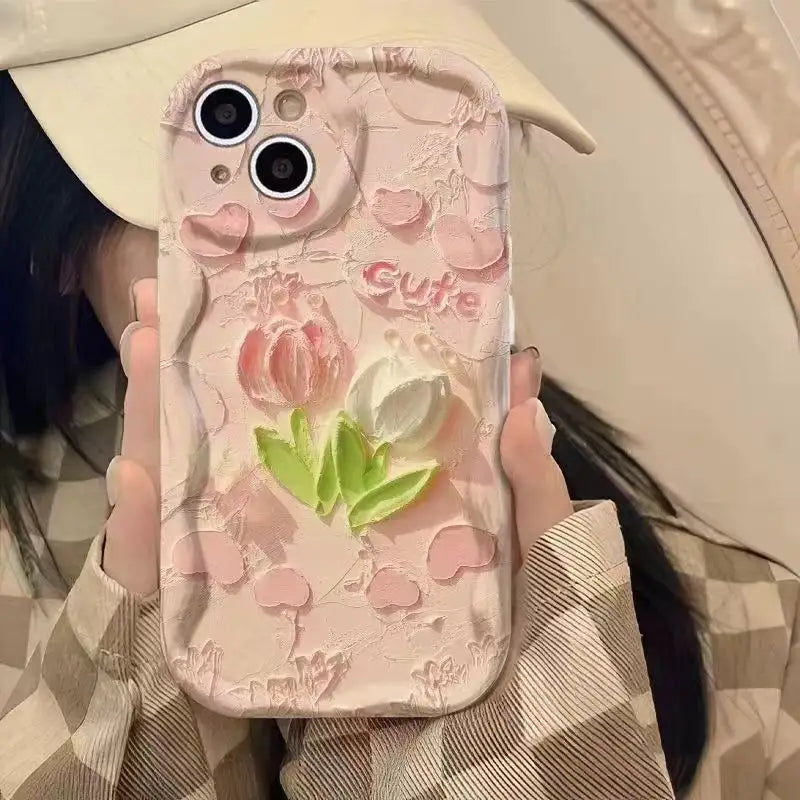 Tulip Flower Floral Phone Case For iPhone Cream Back Cover