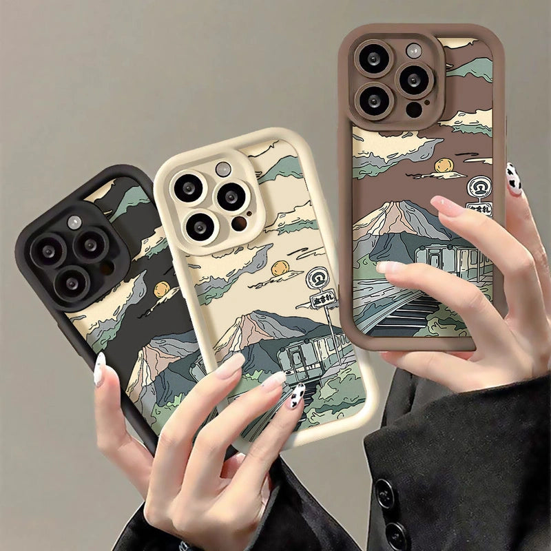 Manga Train Landscape Painting Silicone Phone Case for iPhone