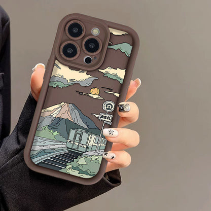 Manga Train Landscape Painting Silicone Phone Case for iPhone