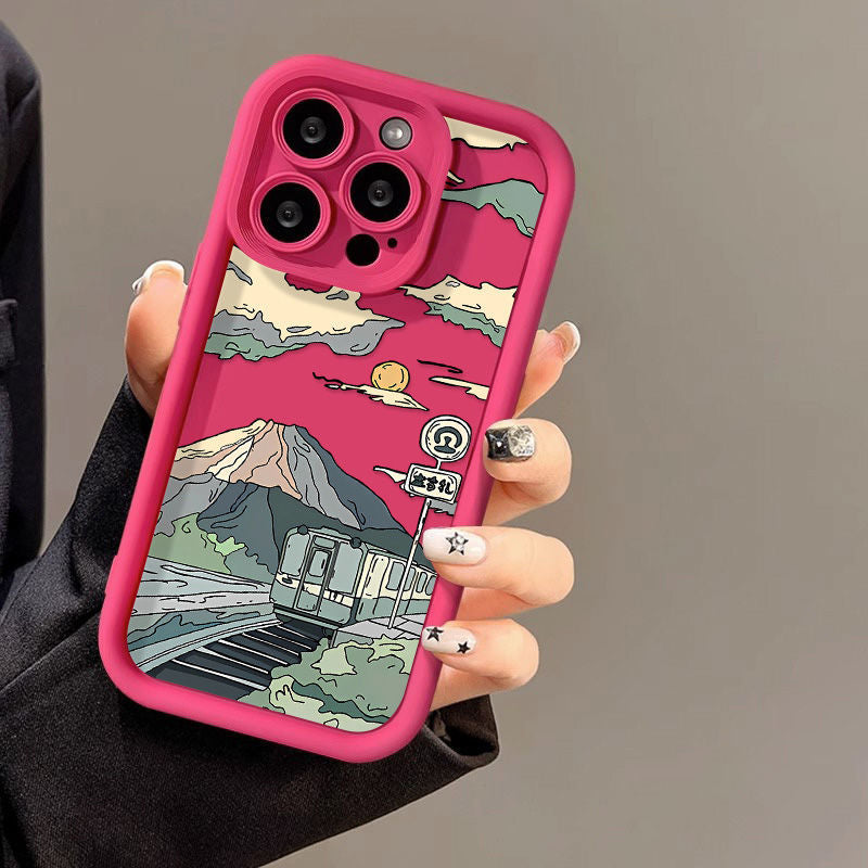 Manga Train Landscape Painting Silicone Phone Case for iPhone