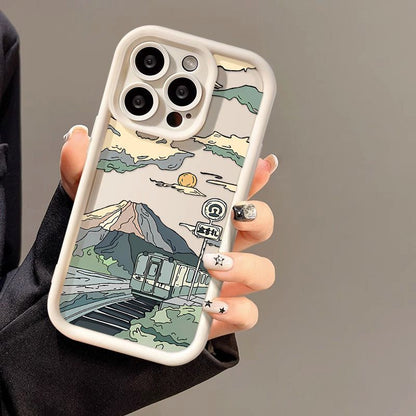 Manga Train Landscape Painting Silicone Phone Case for iPhone