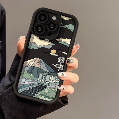Manga Train Landscape Painting Silicone Phone Case for iPhone