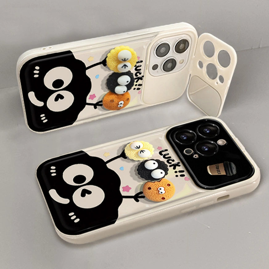 Mirror Lens Protector 3D Cartoons Phone Case for iPhone All 17 16 15 14 13 12 11 Series Models with Plush Charm