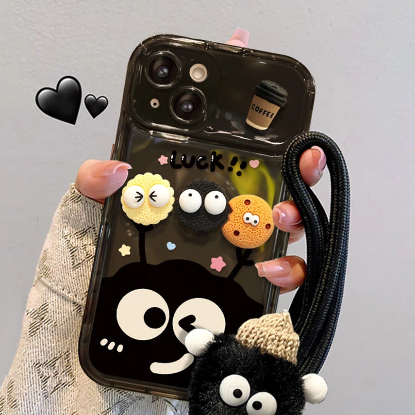 Mirror Lens Protector 3D Cartoons Phone Case for iPhone All 17 16 15 14 13 12 11 Series Models with Plush Charm