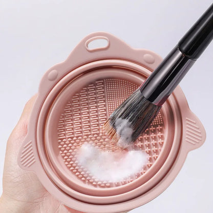 Multi-functional Silicone Makeup Brush Cleaning Bowl Powder Puff Beauty Washing Scrubber Pad with Folding Brush Holder