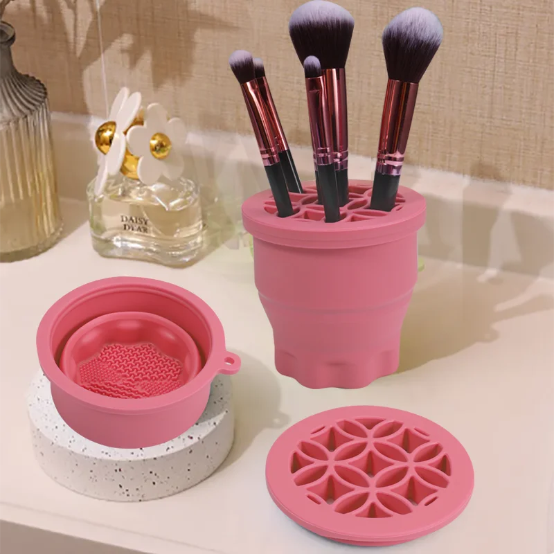 Multi-functional Silicone Makeup Brush Cleaning Bowl Powder Puff Beauty Washing Scrubber Pad with Folding Brush Holder