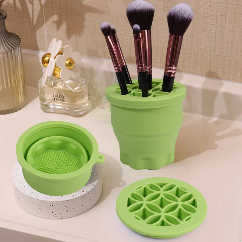 Multi-functional Silicone Makeup Brush Cleaning Bowl Powder Puff Beauty Washing Scrubber Pad with Folding Brush Holder