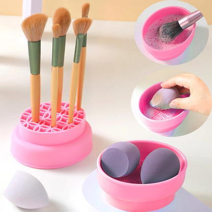 Multi-functional Silicone Makeup Brush Cleaning Bowl Powder Puff Beauty Washing Scrubber Pad with Folding Brush Holder