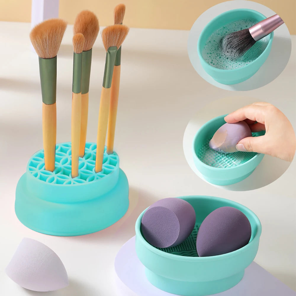 Multi-functional Silicone Makeup Brush Cleaning Bowl Powder Puff Beauty Washing Scrubber Pad with Folding Brush Holder