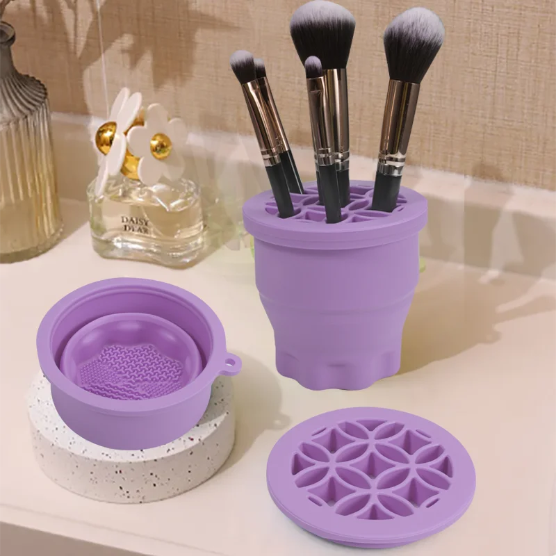 Multi-functional Silicone Makeup Brush Cleaning Bowl Powder Puff Beauty Washing Scrubber Pad with Folding Brush Holder