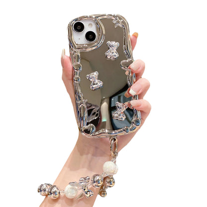 Heart Mirror Back Cover With Beads Bracelet Phone Case for iPhone 17 Air 16 15 14 13 12 11 Pro Max Plus X Xr