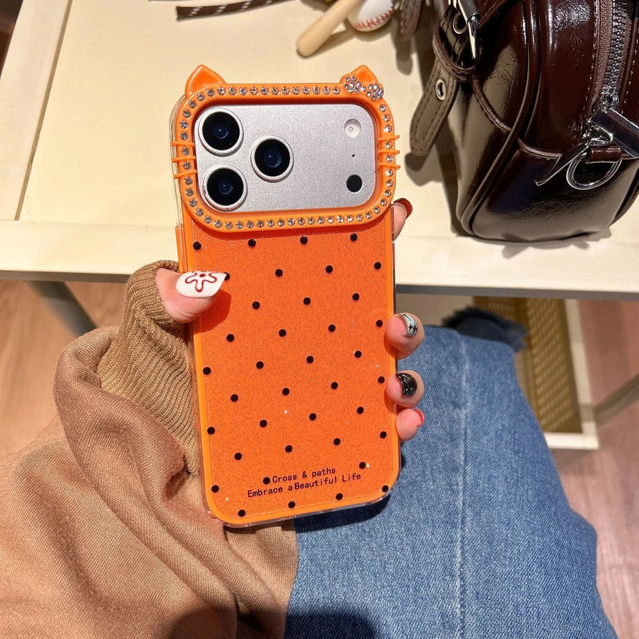 Cute Kitty Rhinestone Protective Cover Polka Dots Phone Case for iPhone 17 Air 16 15 14 13 12 11 Pro Max Plus