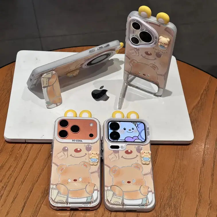 Cute Bear Phone Case for iPhone With Makeup Mirror Foldable Kickstand