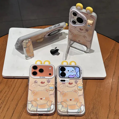 Cute Bear Phone Case for iPhone With Makeup Mirror Foldable Kickstand