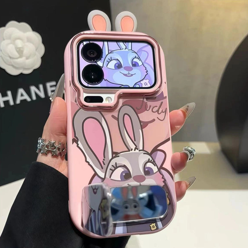Cute Rabbit Fox With Makeup Mirror Kickstand Cartoon Phone Case For All iPhone 17 Air Pro Max 16 Pro 15 14 13 12 11 Plus Cute Zootop Animals