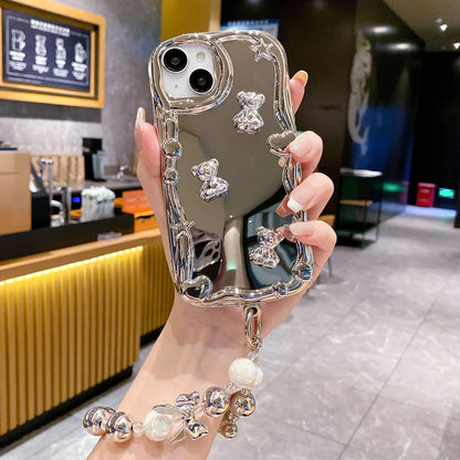 Heart Mirror Back Cover With Beads Bracelet Phone Case for iPhone 17 Air 16 15 14 13 12 11 Pro Max Plus X Xr