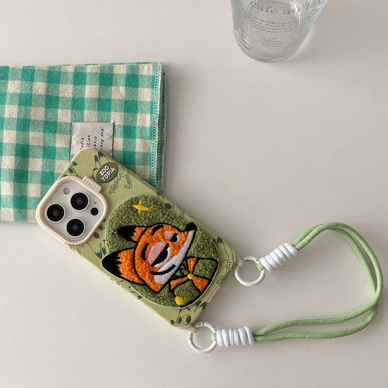 Embroidered Cartoons Rabbit Fox Lanyard Strap Leather Phone Case For All iPhone 17 Air Pro Max 16 Pro 15 14 13 12 11 Plus Cute Zootop Animals Fold Phone Airbag Bracket