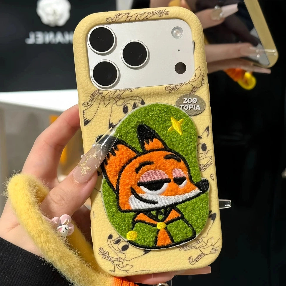 Embroidered Cartoons Rabbit Fox Lanyard Strap Leather Phone Case For All iPhone 17 Air Pro Max 16 Pro 15 14 13 12 11 Plus Cute Zootop Animals Fold Phone Airbag Bracket