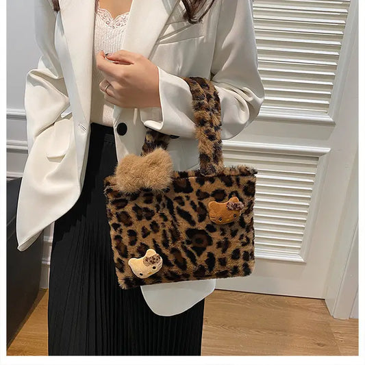 Leopard Kitten Handbag Velvet Plush Bags