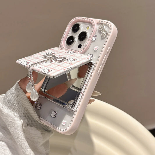 Pink Kitty Bow Phone Case with Mirror Holder