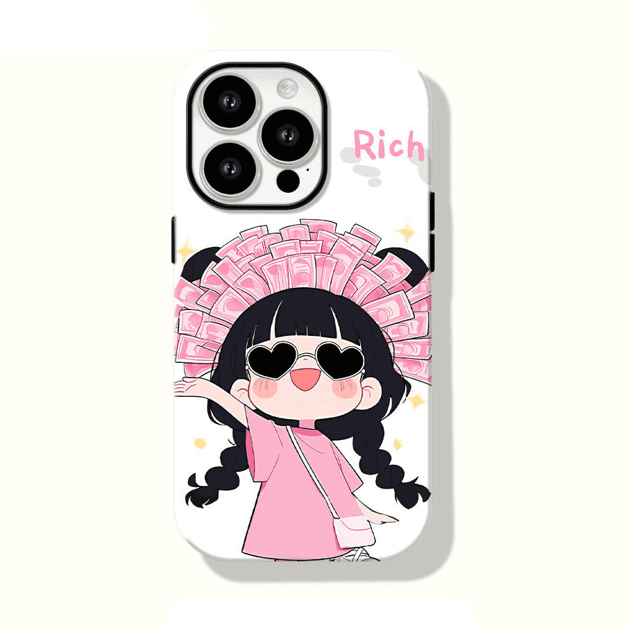 Phone case with a cartoon character wearing a pink outfit and hat, sunglasses, and the word 'Rich' on a white background.