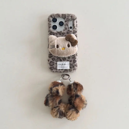 Plush Kitty Leopard Cute Kawaii Phone Case For iPhone 17 16 15 14 Series