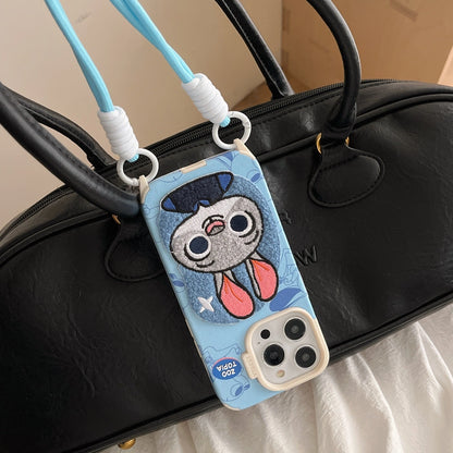 Embroidered Cartoons Rabbit Fox Lanyard Strap Leather Phone Case For All iPhone 17 Air Pro Max 16 Pro 15 14 13 12 11 Plus Cute Zootop Animals Fold Phone Airbag Bracket