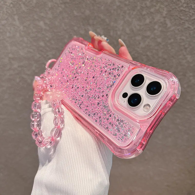 Candy Color Glitter Curvy Waist Phone Case For iPhone Shiny Lanyard Back Cover
