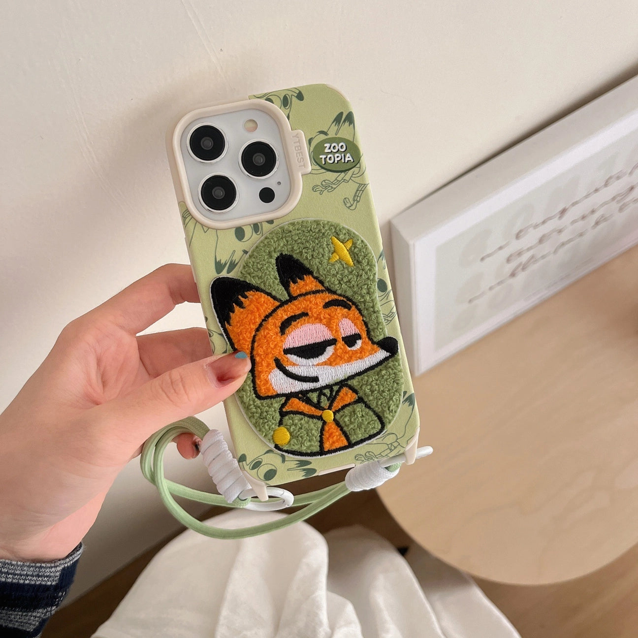 Embroidered Cartoons Rabbit Fox Lanyard Strap Leather Phone Case For All iPhone 17 Air Pro Max 16 Pro 15 14 13 12 11 Plus Cute Zootop Animals Fold Phone Airbag Bracket