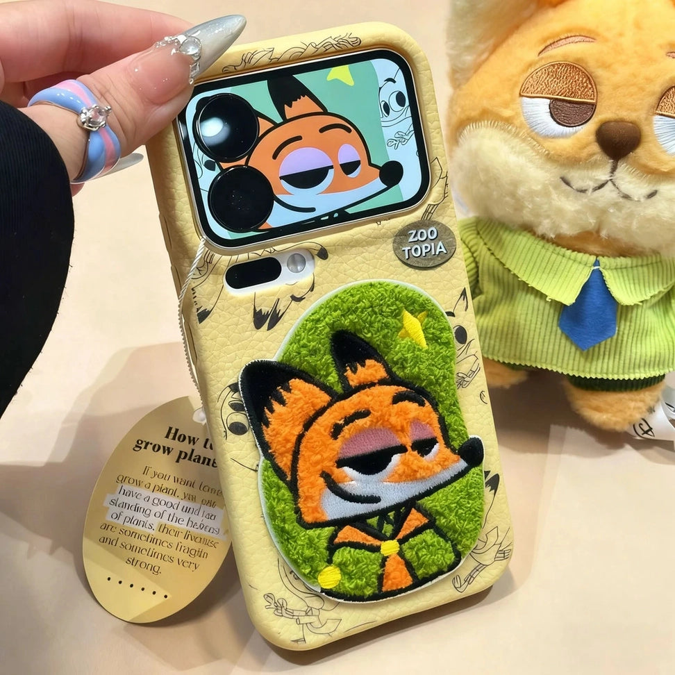 Embroidered Cartoons Rabbit Fox Lanyard Strap Leather Phone Case For All iPhone 17 Air Pro Max 16 Pro 15 14 13 12 11 Plus Cute Zootop Animals Fold Phone Airbag Bracket