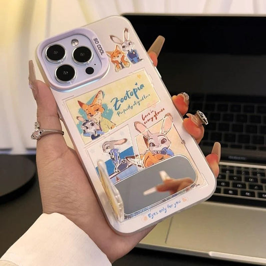 Cartoon Rabbit Fox With Makeup Mirror Kickstand Phone Case For All iPhone 17 Air Pro Max 16 Pro 15 14 13 12 11 Plus Cute Zootop Animals